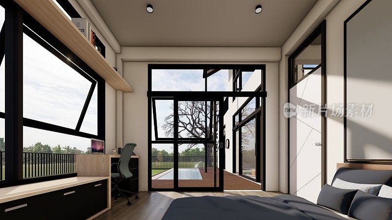 卧室简约的室内设计，色彩平静，书桌和从窗户可以看到院子