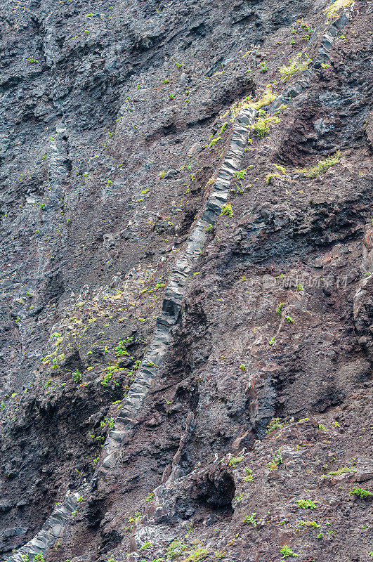 岩脉是在先前岩体的裂缝中形成的一层岩石。岩浆岩脉形成时，岩浆流入一个裂缝，然后固化为一个板侵入。蓬塔文森特罗卡;伊莎贝拉岛;Albermarle岛;加拉帕戈斯群岛;