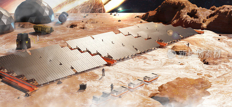 地外太阳能电站火星表面的太阳能电池火星表面的宇航员太空基地太空探索任务和火星殖民3d插图