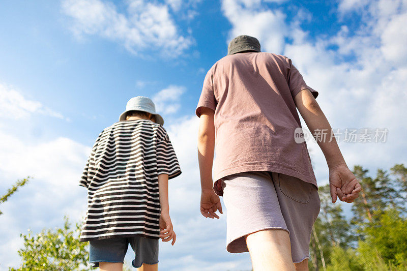 小男孩们在森林里散步