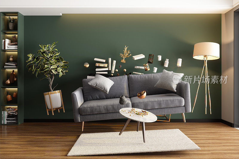 零重力概念与飞行沙发，植物，落地灯和物体在客厅