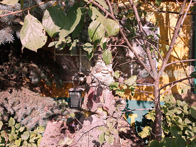 在一堵黄墙的背景下，一个破旧的石膏花园地精的身影，手里提着一盏灯，藏在花园里的灌木丛中。神秘花园地精。