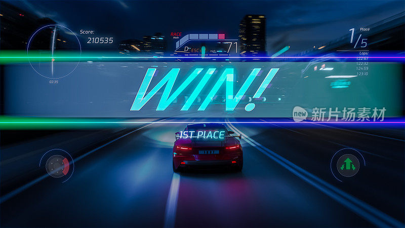 带有界面的赛车模拟器视频游戏的可玩性。计算机生成的3D汽车在城市夜间高速公路上快速行驶和漂移。图像与VFX。第三人称视角。