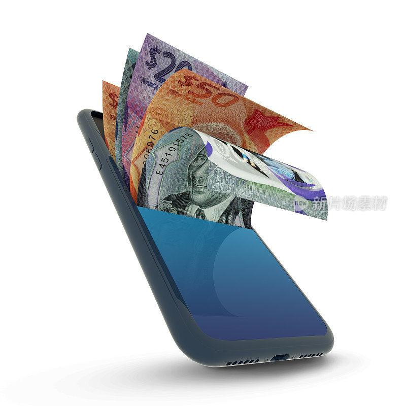 手机内巴巴多斯美元纸币的3D渲染。钱从手机里出来