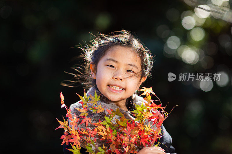 一个年轻的日本女孩拿着五颜六色的枫叶在户外