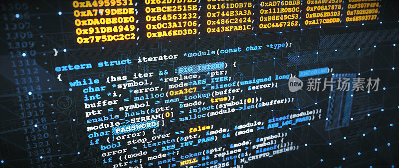 用C语言编写的计算机代码程序在暗色表面上叠加数字信息图。水平、侧视写作。