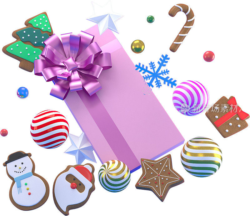 3d渲染圣诞或新年元素背景装饰球，星星，雪和gif框。五颜六色的节日礼物。现代设计。孤立的插图。