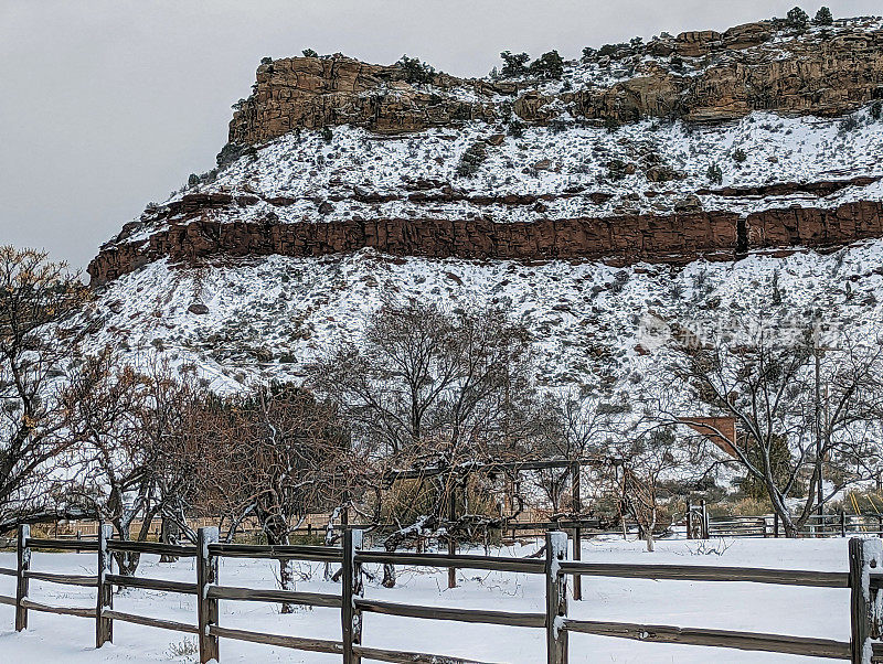 犹他州洛克维尔的雪天，背景是南梅萨