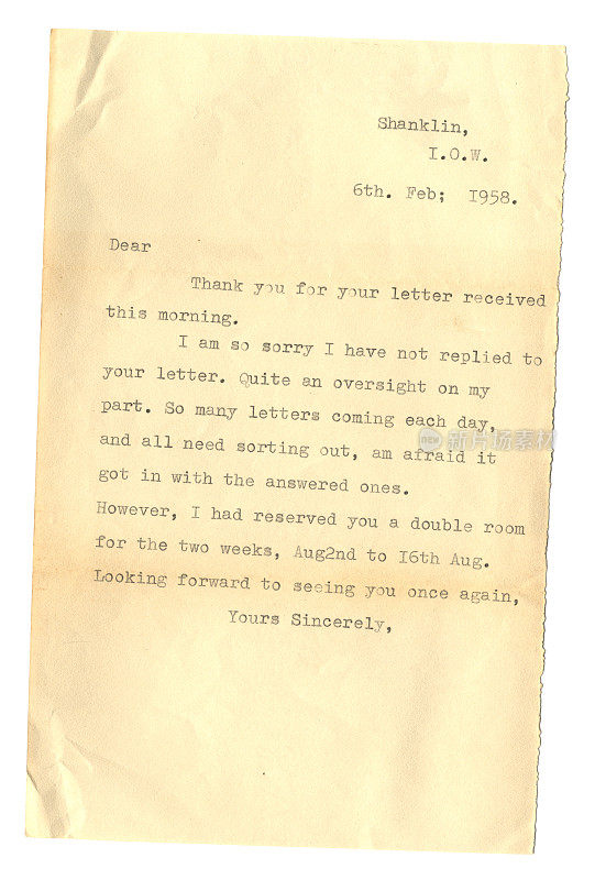 1958年的信，关于去怀特岛度假的预订