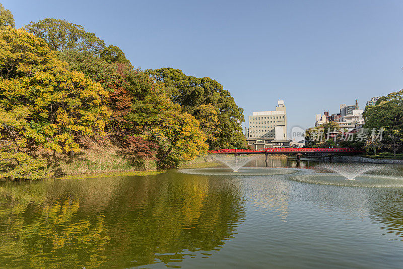 秋天，日本大阪天王寺公园里美丽的湖底池、红木桥和川池