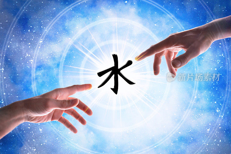 双手指向蓝色宇宙背景的儒教符号