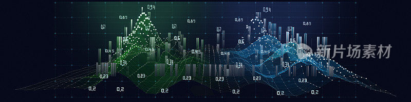 抽象的背景色图形从波浪多边形，点和线模糊的数据上暗。技术概念数据网格。大数据。商业、科学和技术数据分析的旗帜。