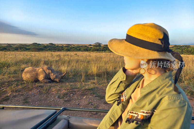 Safari的假期。肯尼亚，坦桑尼亚的野生动物摄影。金发女子站在游猎车顶上看非洲象。一家人在安博塞利国家公园狩猎度假。
