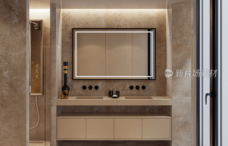 现代豪华风格的主卧室与天然石材瓷砖浴室。