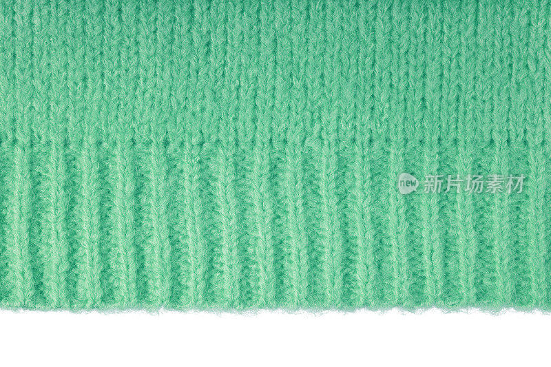 绿色针织羊毛衫织物，毛线在白色背景上孤立