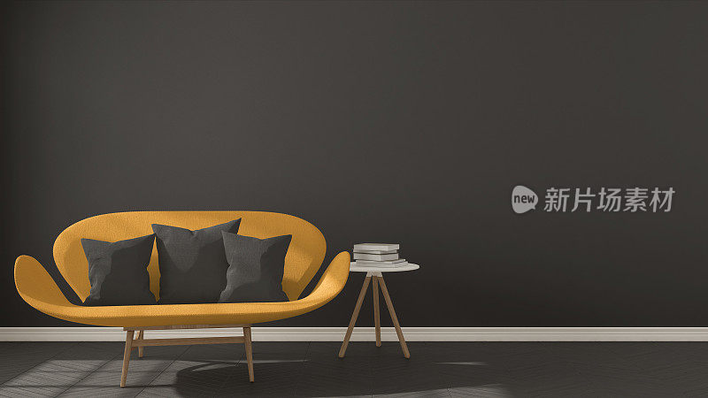 斯堪的纳维亚简约的深色背景，配以橘色沙发人字形天然拼花地板，室内设计