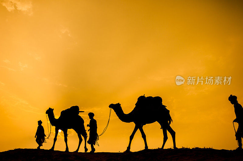 骆驼商队穿过沙漠