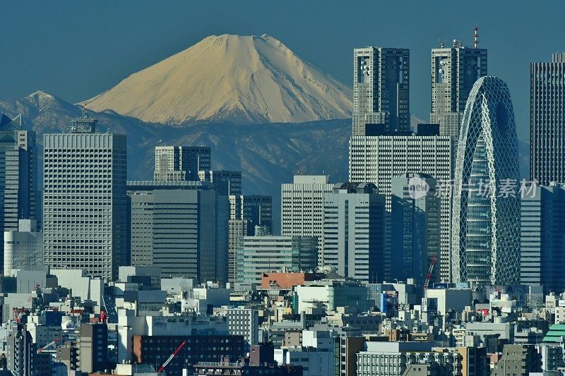 富士山和东京的天际线:白天和晚上