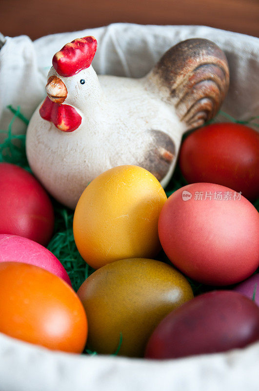 有鸡蛋和母鸡的复活节篮子