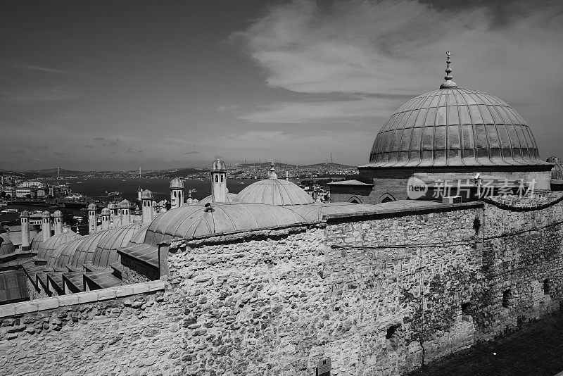 从土耳其伊斯坦布尔的苏莱曼清真寺观看，背景是金角