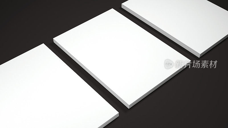 模型的三张白色A4纸上的黑色背景。软阴影。高分辨率3d渲染。