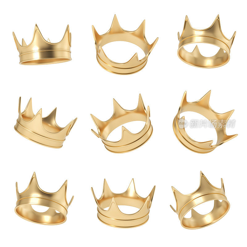 一套由几个金色皇冠在不同角度挂在白色背景上的3d渲染