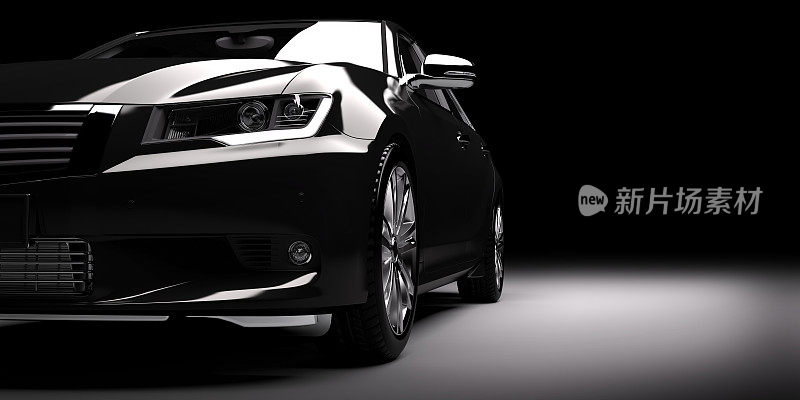 新的黑色金属轿车轿车在聚光灯下。现代设计,brandless。