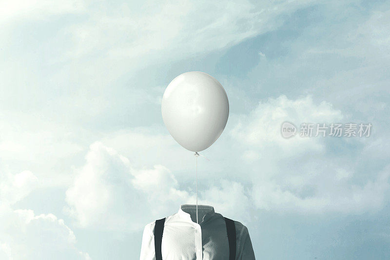 超现实的极简主义者，头上挂着一个白色的大气球