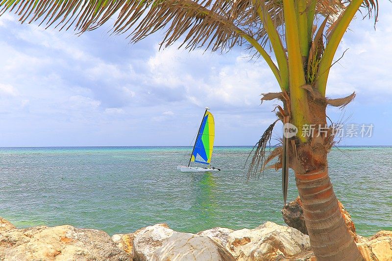 有帆船航行的田园诗般的海滩-蒙特哥湾-牙买加，加勒比海