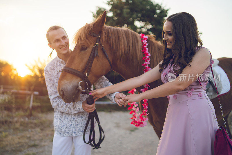 年轻夫妇和他们的宠物马