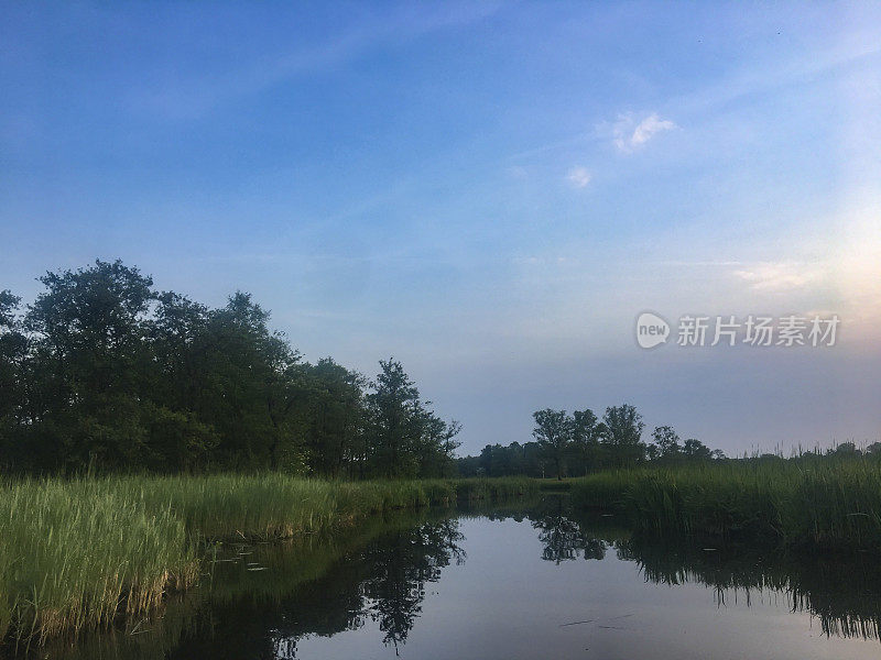 在美丽的夏日结束时，韦尔里本-维登自然保护区的一条小河上的夏日景色