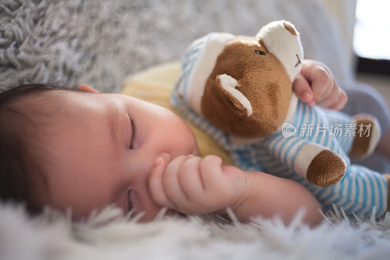 小男孩和泰迪熊睡觉