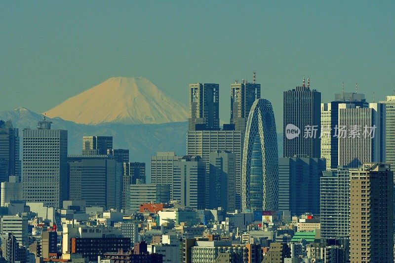 富士山和东京的天际线:白天和黑夜