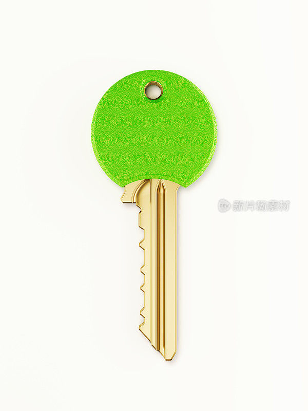 青铜钥匙覆盖绿色塑料在白色的背景