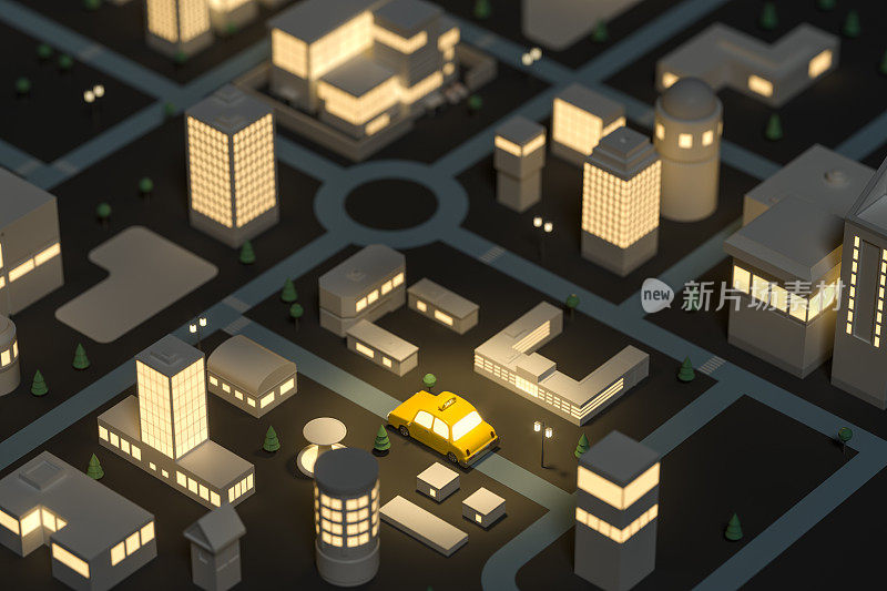 灯光闪烁的迷你城市，一辆出租车在街上行驶，3d渲染。