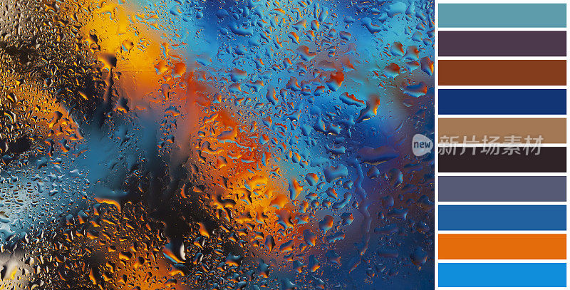 明亮的抽象背景与雨滴的窗户和调色板的色块