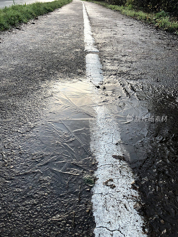 特写图像结冰的柏油路在冬天与冻结水坑危险