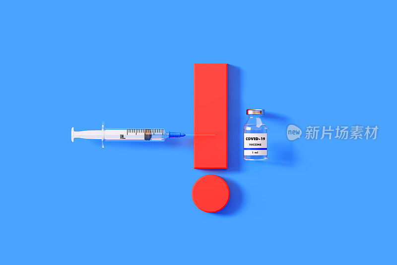 蓝色背景上一个巨大的红色感叹号上的注射器和COVID-19疫苗瓶