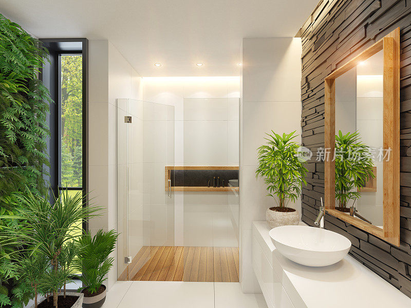 带有绿色墙花园的现代极简主义浴室。