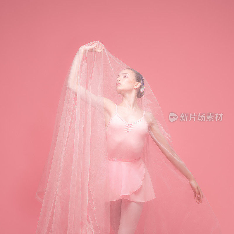 一个年轻美丽优雅的芭蕾舞者跳舞与白色面纱摆姿势孤立在粉红色的工作室背景。艺术，运动，动作，灵活性，灵感概念。