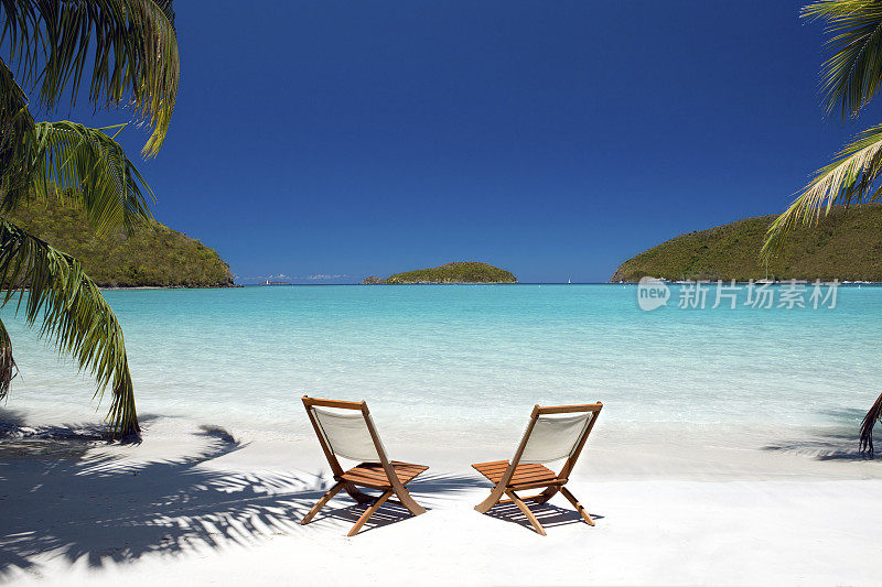 维尔京岛海滩上棕榈树之间的空椅子