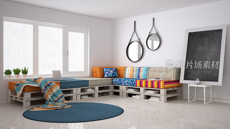 DIY托盘沙发沙发，斯堪的纳维亚白色生活，室内设计