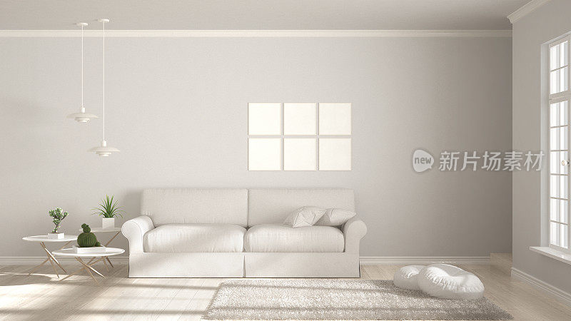 极简的房间，简单的白色生活与大窗户，斯堪的纳维亚经典的室内设计