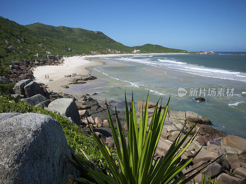 巴西海滩弗洛里亚诺波利斯明亮的海岸线绿色的山脉