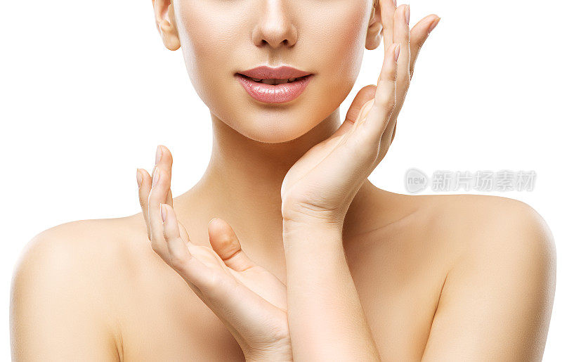 皮肤护理美容，女人的脸，嘴唇和手护肤，自然清洁化妆