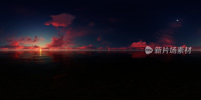360°全景图，一个深红色的日落天空在海上