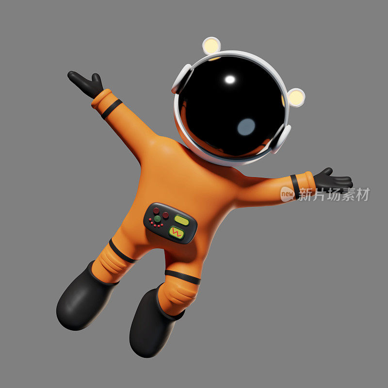 可爱的卡通宇航员穿着橙色的太空服在零重力的空间里很快乐(3d渲染，灰色背景孤立)