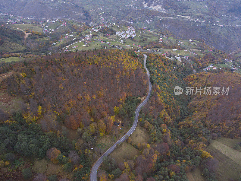 穿越秋天森林的道路-鸟瞰图