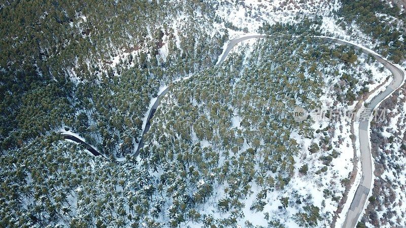 在恶劣天气下，俯视图无人机在弯曲的道路、风山和覆盖着积雪的森林上空飞行。