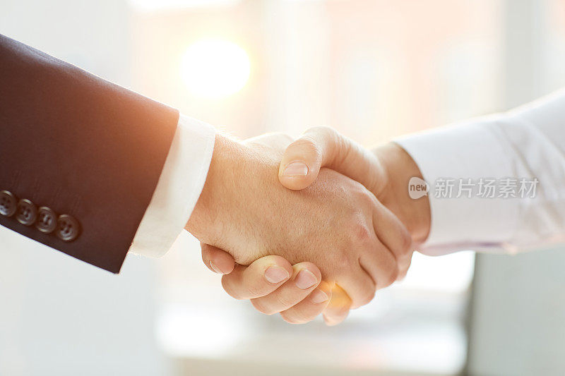 照片中的商业伙伴身着正装握手，象征着谈判成功，阳光效果